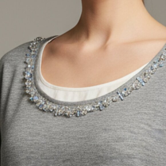 $395 ROBERT RODRIGUEZ jeweled crewneck layered sweatshirt silk top M - Picture 2 of 9